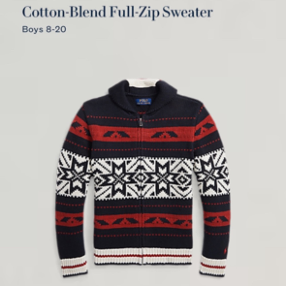 Boys Ralph Lauren Cotton Blend Full Zip Sweater Size L NWOT